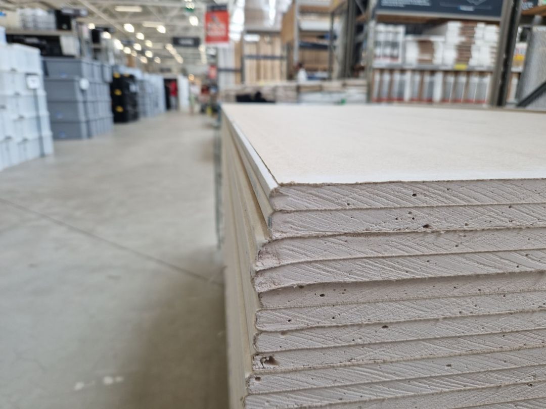 Stapel Gipskartonplatten von der Kante gesehen, die abgeflachten Längskanten liegen übereinander